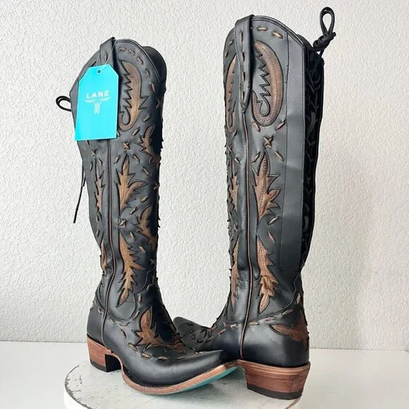 Lane Reverie Knee High Womens Cowboy Boots 6 Black Brown Western Cowgirl Lace Up - Picture 1 of 11